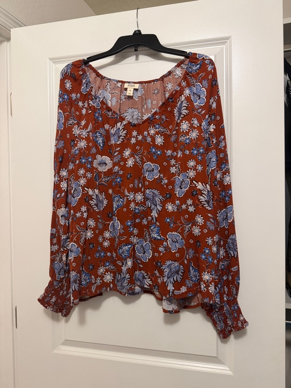 a.n.a Floral Long-Sleeve Blouse with Blue and Cream Flowers
